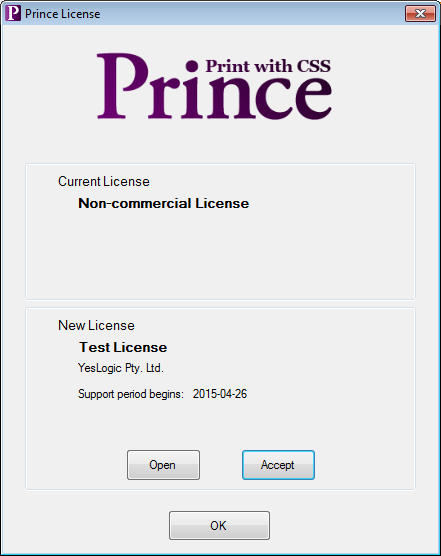Image showing the license window with a license selected but not yet installed.