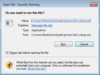Confirmation dialog box asking if the user wishes to run the installer.