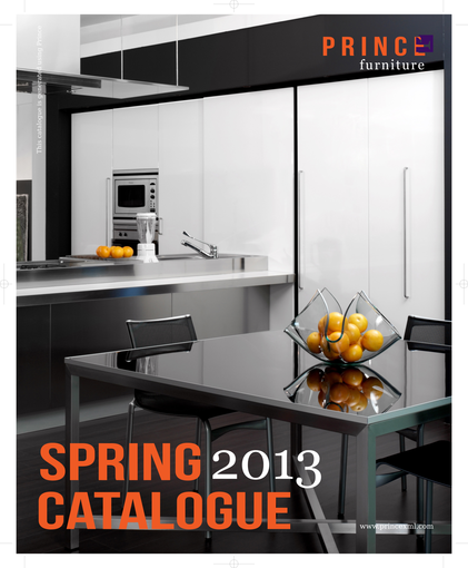 Furniture catalogue with bleed and trim areas for printing and cropping. The background image is larger than the page (but not the paper), by cutting where the crop marks indicate the background image extends right to the edge of the page.