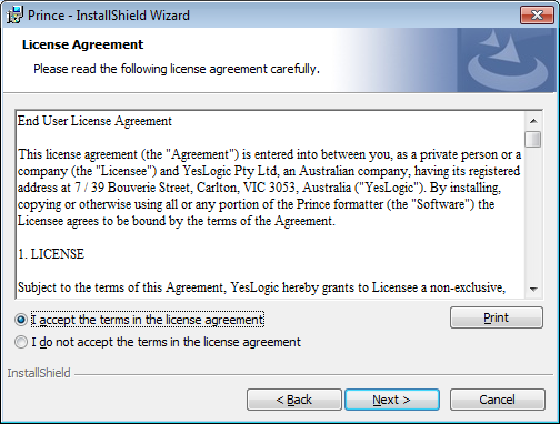 The installer license agreement screen