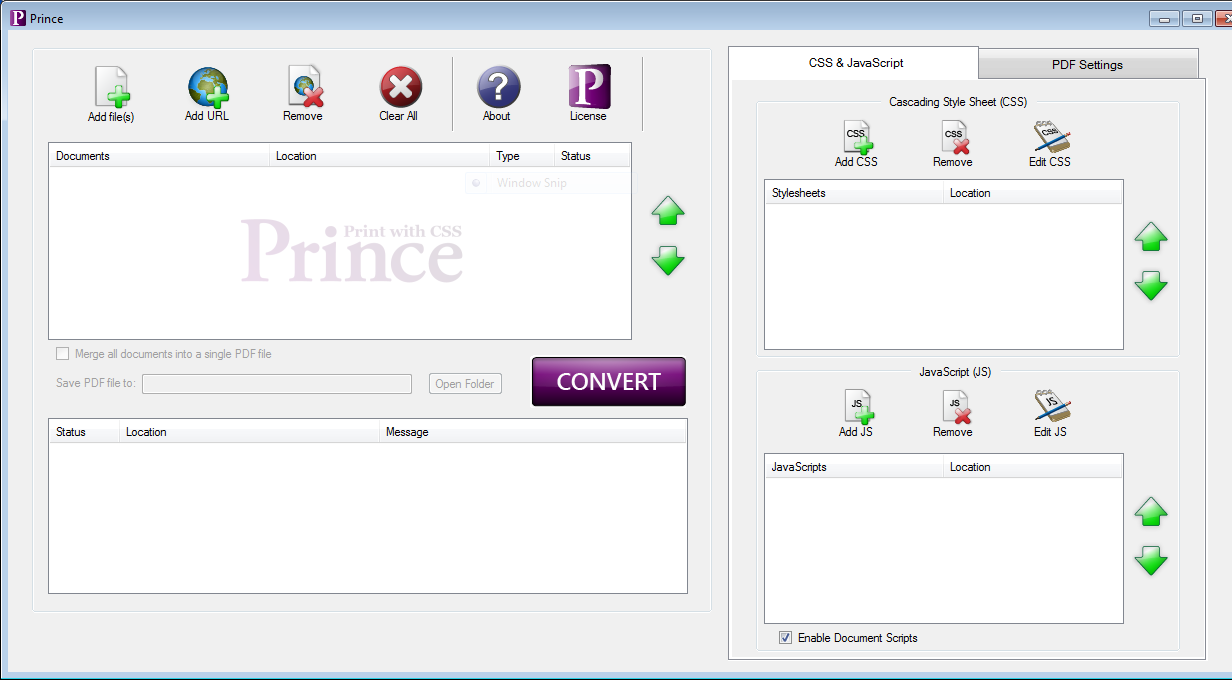 Image showing the license button in the main Prince GUI.